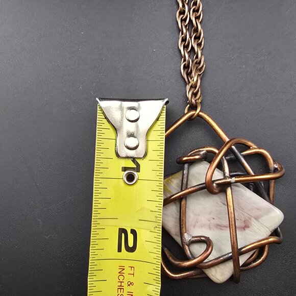 Copper Wire Wrapped Pendant Necklace W/ Stone Center & Chain By Kim Signed - Picture 7 of 10
